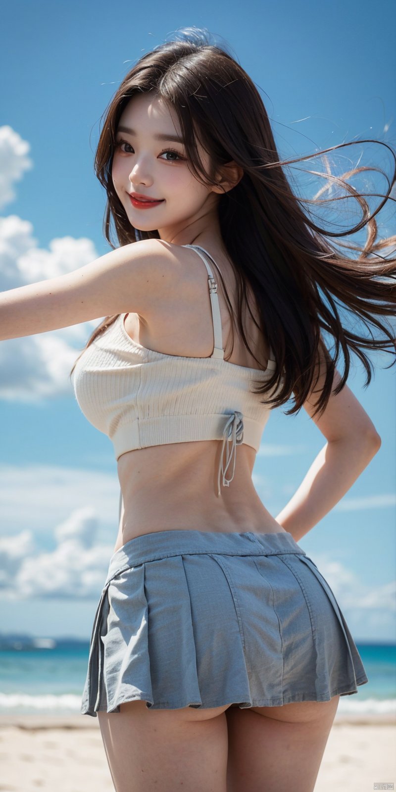  cowboy_shot, (Good structure), DSLR Quality,Depth of field ,looking_at_viewer,Dynamic pose, , kind smile,,Blue sky, white clouds, beach, JK short skirt, short top, belly button, looking back,zhangyuanying