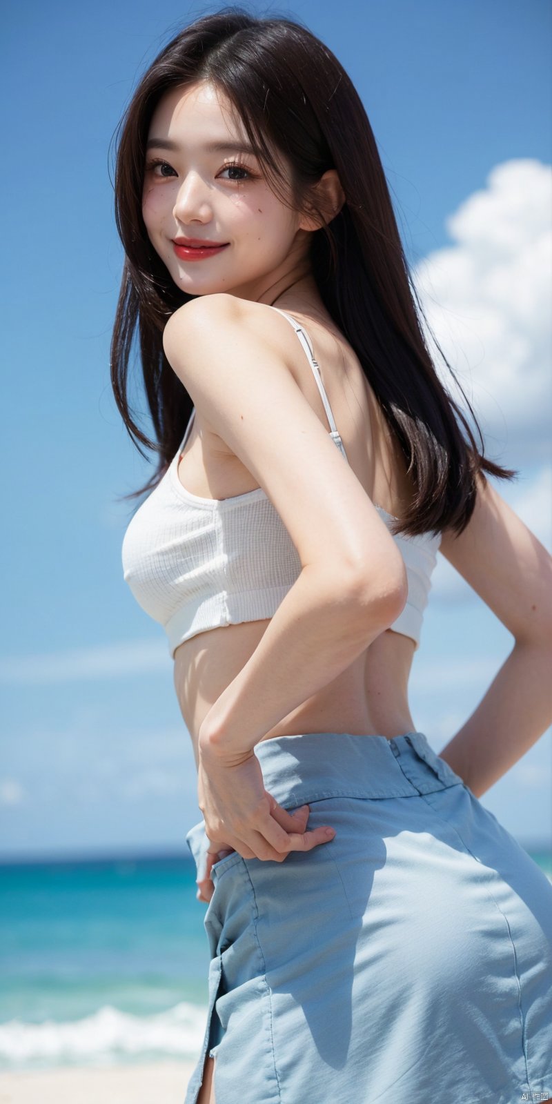  cowboy_shot, (Good structure), DSLR Quality,Depth of field ,looking_at_viewer,Dynamic pose, , kind smile,,Blue sky, white clouds, beach, JK  skirt, short top, , looking back,zhangyuanying