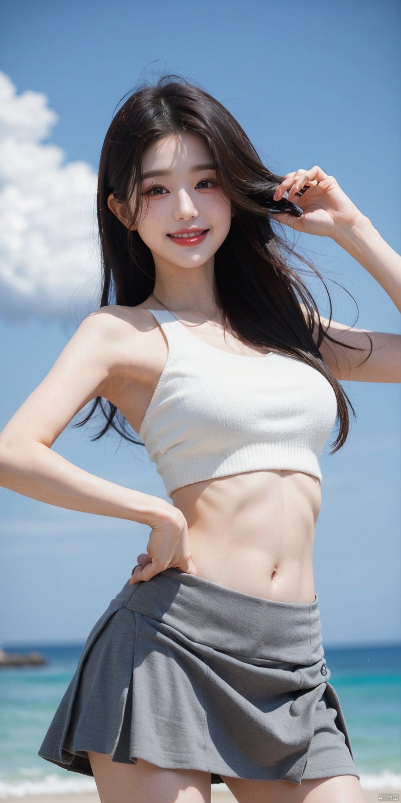  cowboy_shot, (Good structure), DSLR Quality,Depth of field ,looking_at_viewer,Dynamic pose, , kind smile,,Blue sky, white clouds, beach, JK  skirt, short top,  , ,zhangyuanying