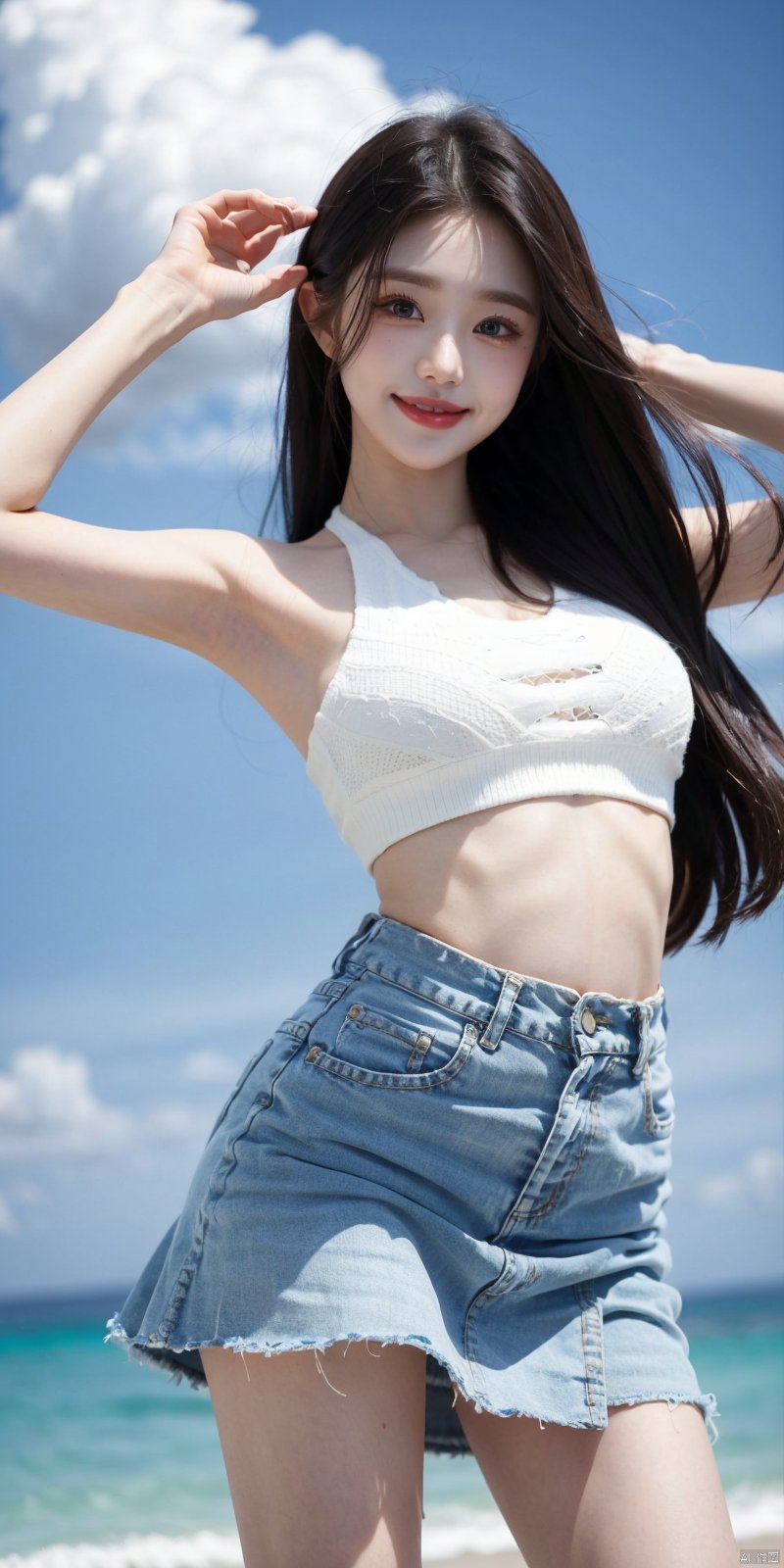  cowboy_shot, (Good structure), DSLR Quality,Depth of field ,looking_at_viewer,Dynamic pose, , kind smile,,Blue sky, white clouds, beach, JK  skirt, short top,  , ,zhangyuanying