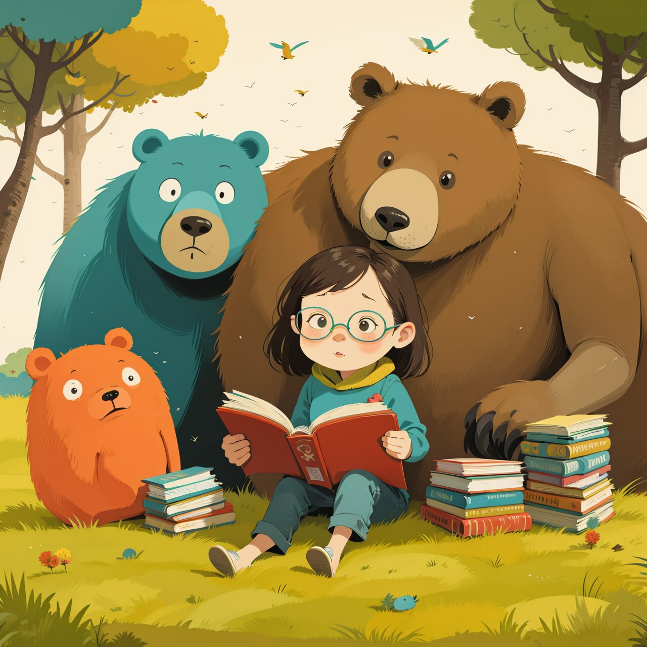 the little girl is reading a book,bear,