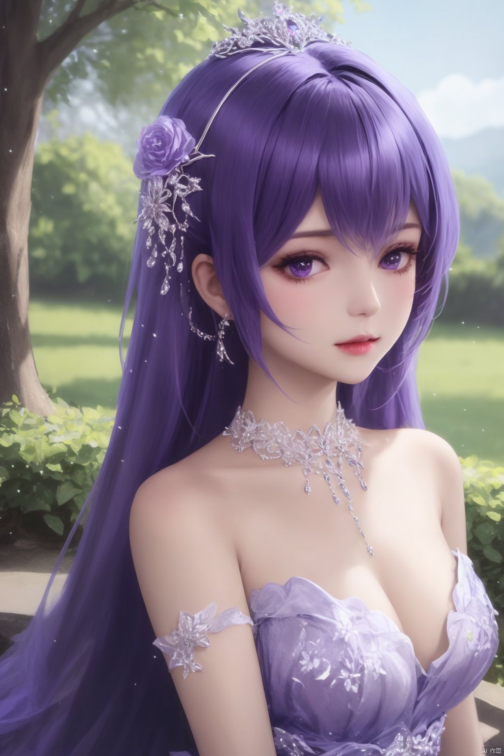  1girl,long hair,dress,purple hair,hair ornament,hair ornament,headpiece,