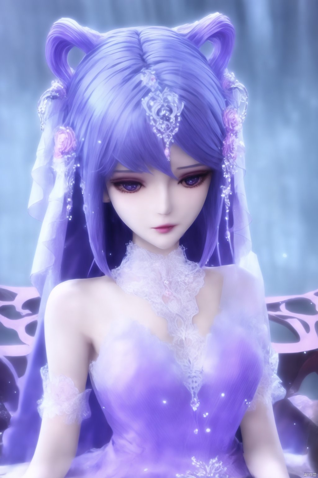  1girl,long hair,dress,purple hair,hair ornament,sitting,hair ornament,headpiece,high heels,