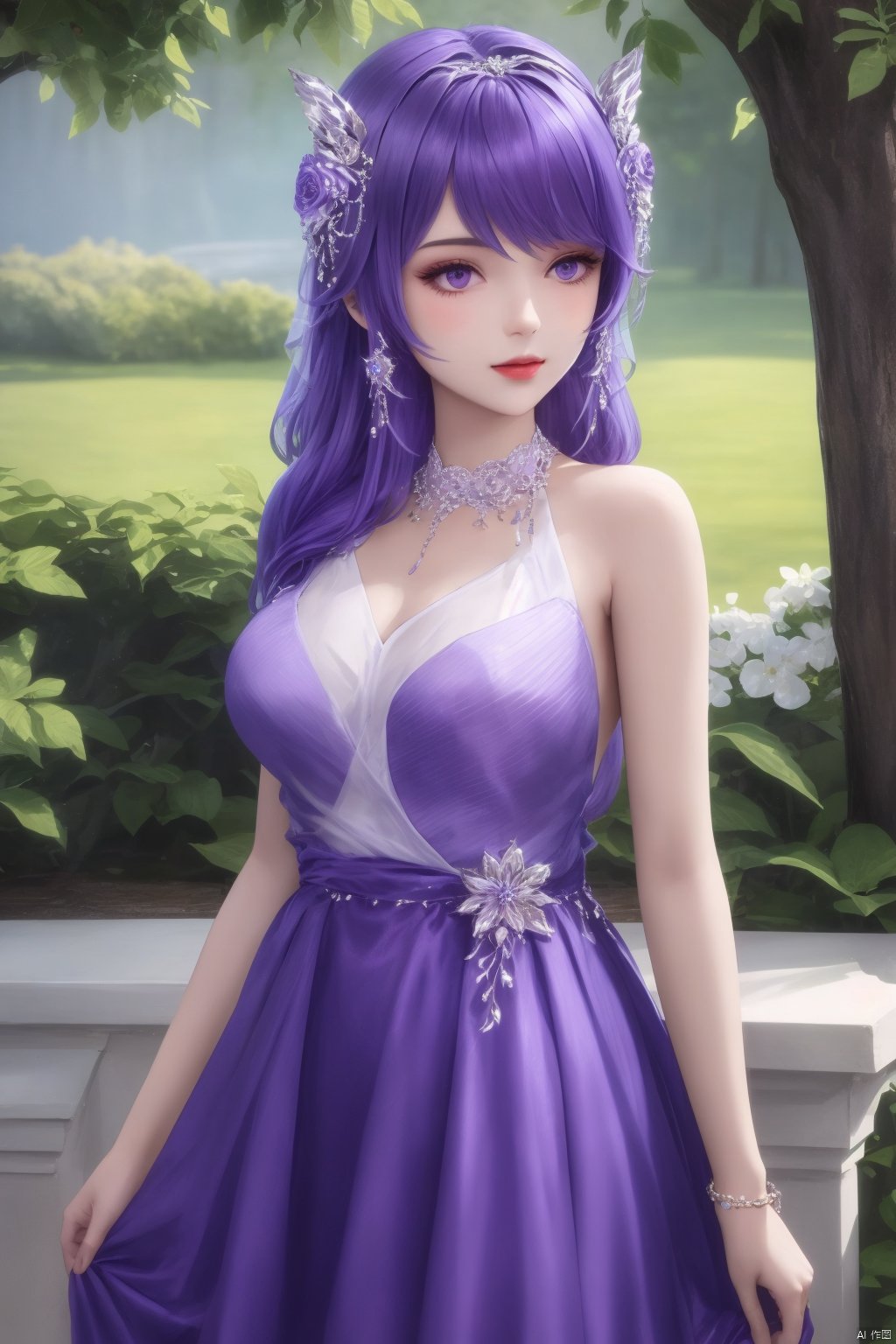  1girl,long hair,dress,purple hair,hair ornament,hair ornament,headpiece,