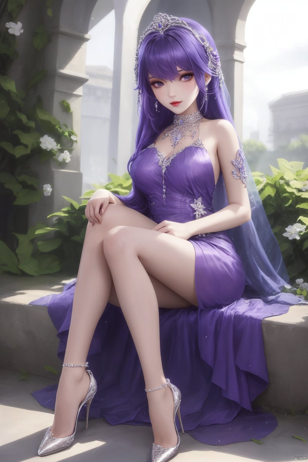  1girl,long hair,dress,purple hair,hair ornament,sitting,hair ornament,headpiece,high heels,