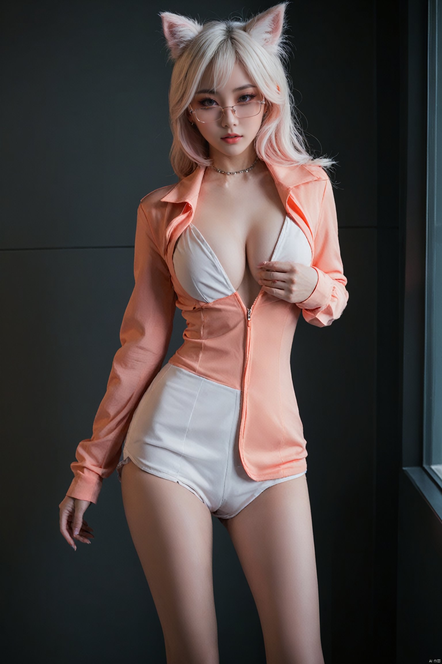  ultra high res,(realistic:1.4),deep shadow,(best quality, masterpiece),hubggirl, Fox_eyes, seductive eyes, full body shot:1.35,
1girl,white hair, orange clothes, big chest, sexy body, pink lips, HUBG_Beauty_Girl, white shoes, eye_Glasses