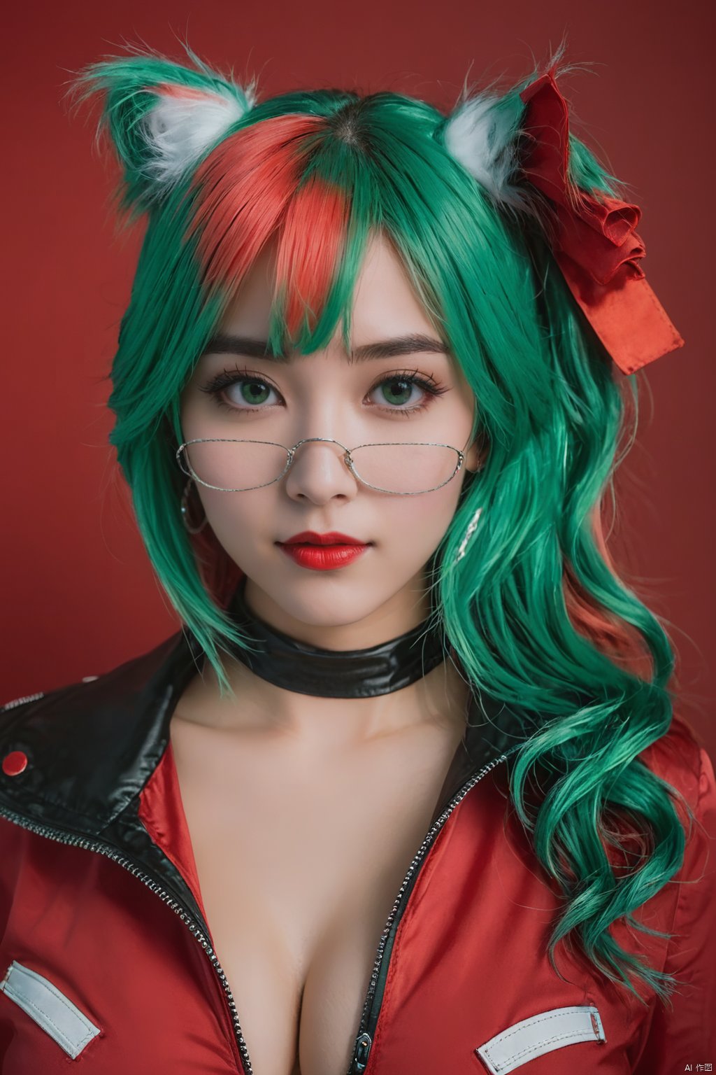  hubggirl,1girl, green hair, red background,