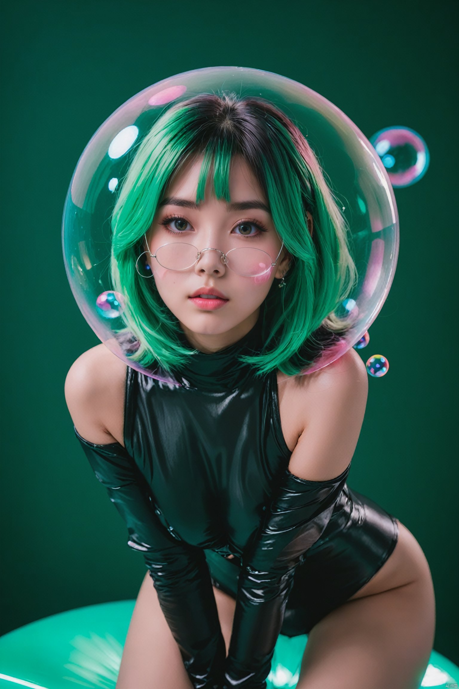  hubggirl,1girl, The girl was inside bubble, 1girl,alluring pose, ,floating hair,,blacklight,(surrounded by bubble:1.3),spotlight, green hair, pink background, dark theme,(a lot of bubble:1.3),eye_contact,