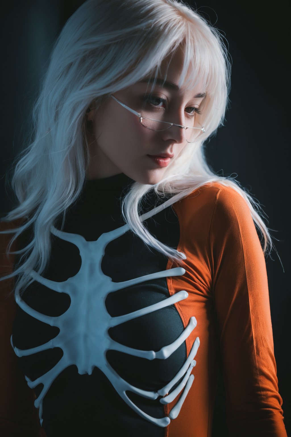  Masterpiece,high quality,(solo:1.2),((hubggirl)),(((human skeleton | girl))),(white hair:0.3),cinematic light,orange clothes,detailed environment,1girl,solo,reflection,upper body,sunlight,(White hair:1.2),very long hair,wide sleeves,Deep photo,depth of field,shadows,messy hair,seductive silhouette play,dark,nighttime,dark photo,grainy,dimly lit,bangs,Cinematic Lighting,Tyndall effect,abstract background,vibrant colors,modern style,artistic,dynamic composition,unique patterns,bold textures,colorful,lively,youthful,energetic,creative,expressive,stylish,trendy,white_marble_glowing_skin,
