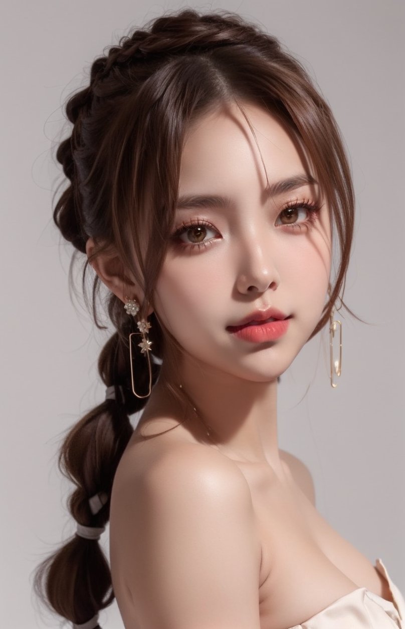 16K, 1girl, solo, long hair, looking at viewer, simple background, smile, closed mouth, brown hair, brown eyes, jewelry, earrings, lips, portrait, reality, braid, makeup, lipstick, bare shoulders, nude, Symmetrical ponytails,