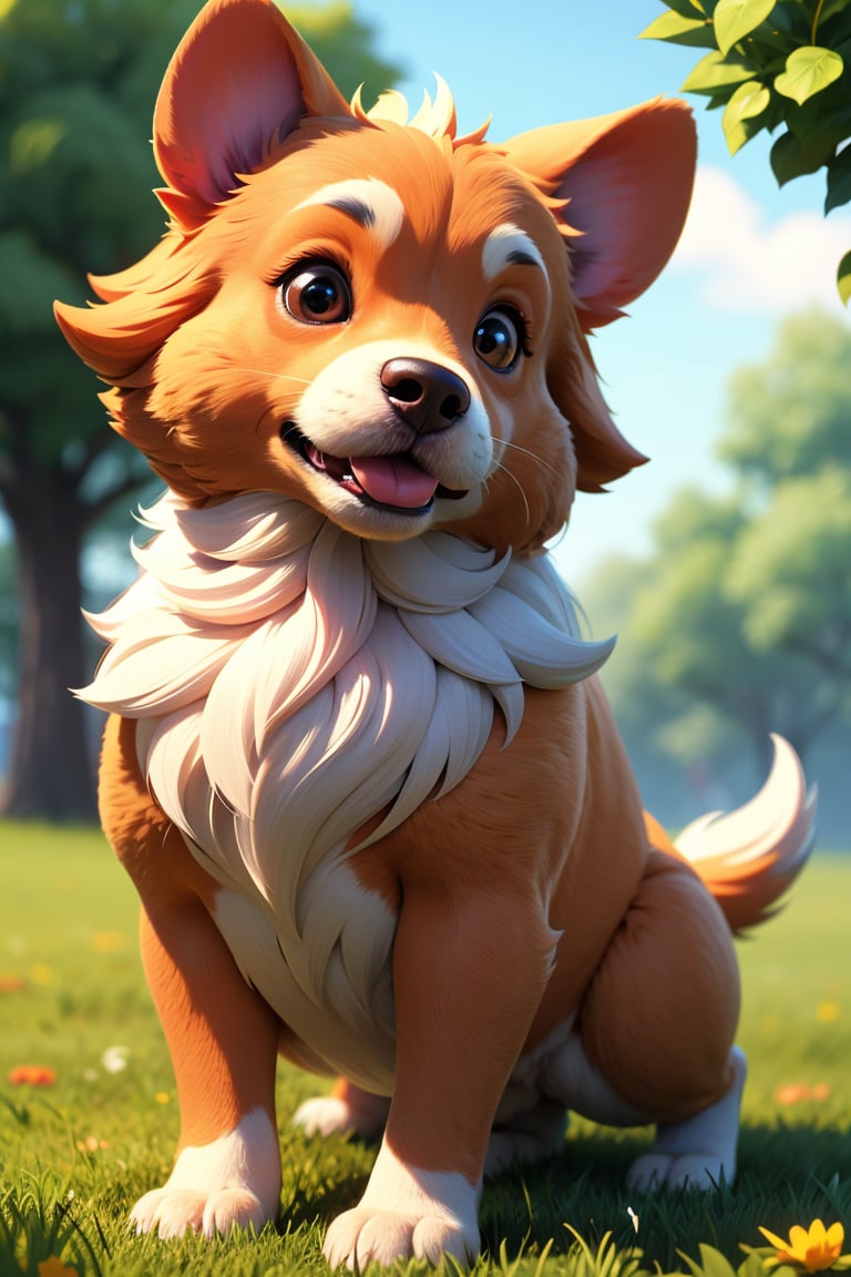 (best quality, 4k, 8k, highres, masterpiece:1.2), ultra-detailed,3D,dog, pet, adorable, cute, lively, friendly, playful, doggy eyes, fluffy fur, happy expression, small size, curled tail, pointy ears, puppy, paws, snout, puppy breath, chubby cheeks, wagging tail, soft nose, puppy love, warm-hearted, loyal companion, joyful, fun-loving, running in the meadow, grass, beautiful sunny day, family pet, symbol of happiness, portrait style, vivid colors, shades of brown, bokeh lighting.