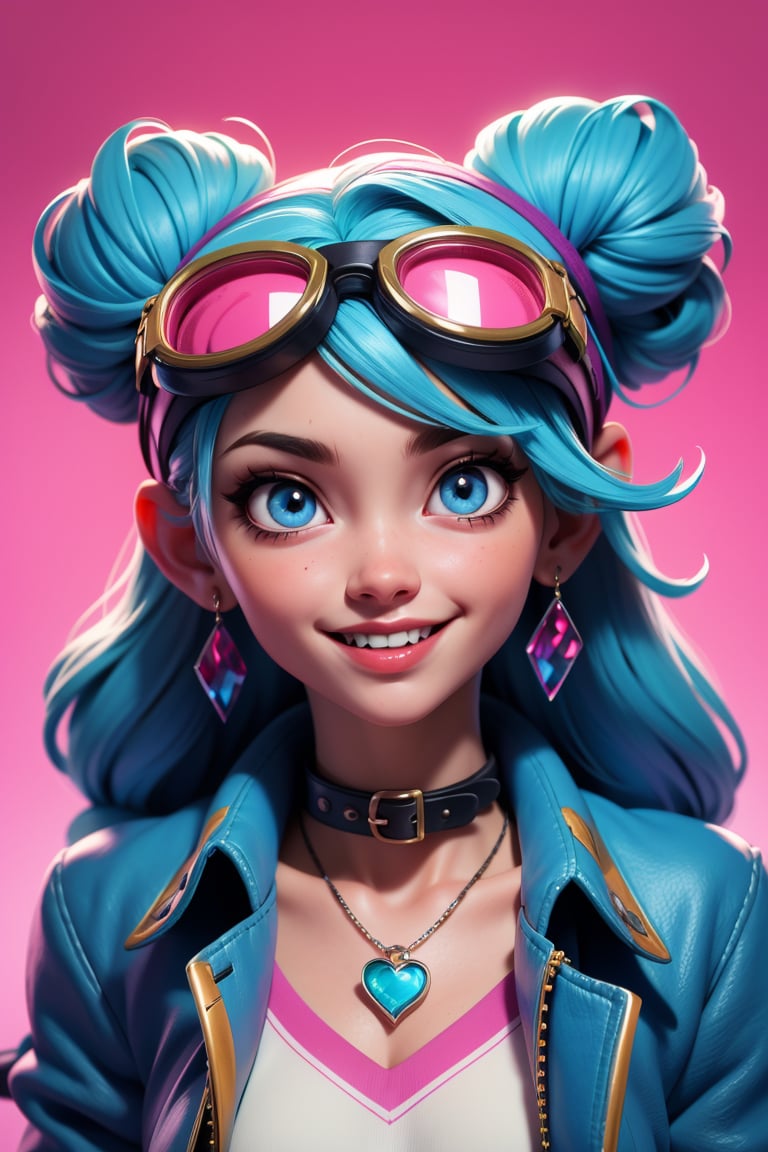 (best quality, 4k, 8k, highres, masterpiece:1.5), ultra-detailed, 1girl,solo,long hair,looking at viewer,blush,smile,blue eyes,jewelry,blue hair,jacket,upper body,braid,:d,heart,multicolored hair,earrings,fang,artist name,necklace,hair bun,twin braids,collar,double bun,tattoo,chain,piercing,goggles,ear piercing,bandaid,spikes,goggles on head,bandaid on face,spiked collar,chain necklace,sticker,jinx (league of legends)