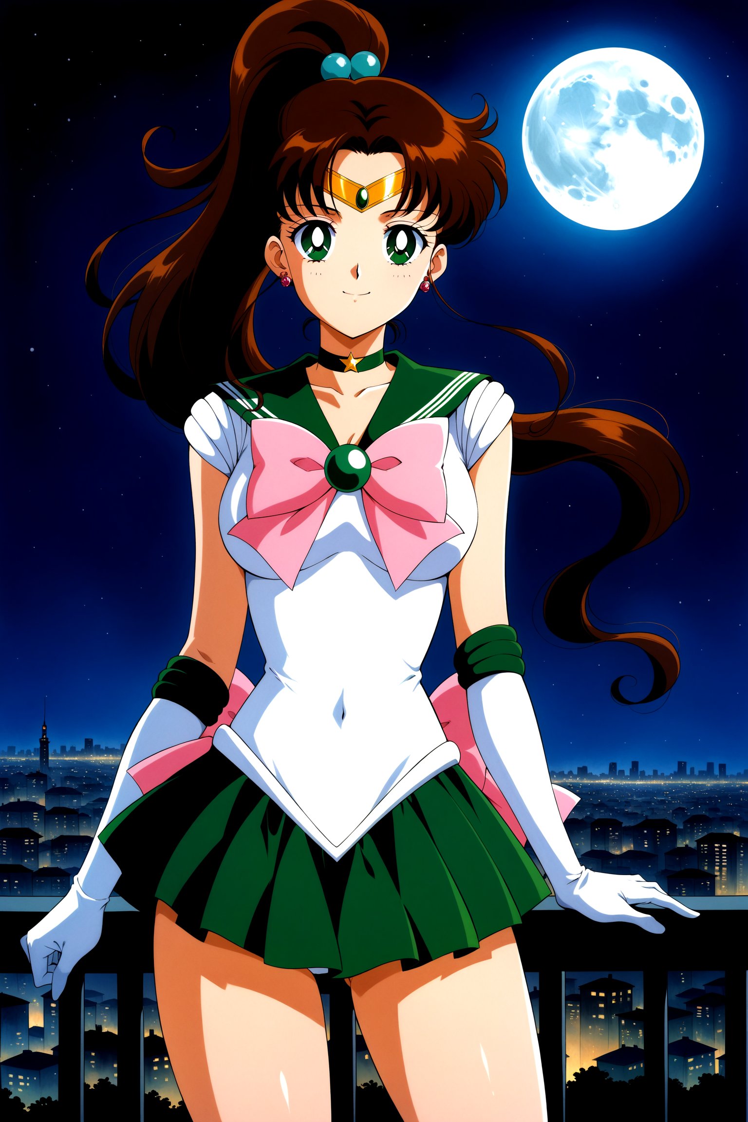 (masterpiece, best quality, very aesthetic, ultra detailed), intricate details, 4k, anime style, aajupiter, long hair, ponytail, hair bobbles, tiara, earrings, green eyes, green choker, green sailor collar, pink bowtie, white shirt, white leotard, elbow gloves, white gloves, green skirt, pink bow, <lora:sailor_jupiter_XL_v1:0.9>, standing, cowboy shot, smile, night, moon, city