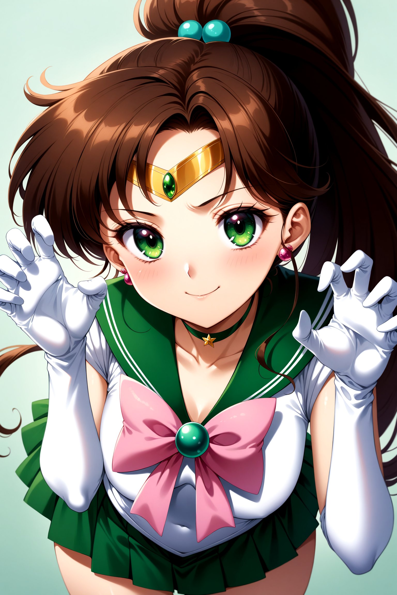 (masterpiece, best quality, very aesthetic, ultra detailed), intricate details, 4k, aajupiter, long hair, ponytail, hair bobbles, tiara, earrings, green eyes, green choker, green sailor collar, pink bowtie, white shirt, white leotard, elbow gloves, white gloves, green skirt, pink bow, <lora:sailor_jupiter_XL_v1:0.9>, smile, claw pose, leaning forward