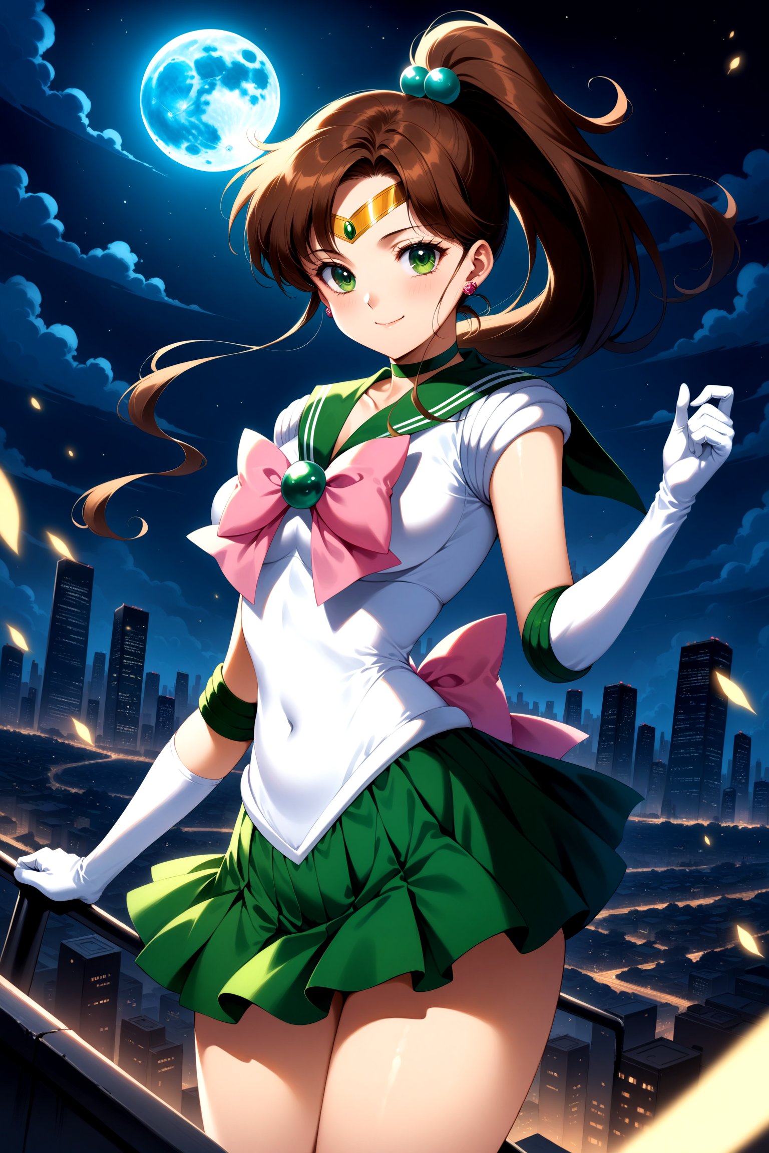 (masterpiece, best quality, very aesthetic, ultra detailed), intricate details, 4k, aajupiter, long hair, ponytail, hair bobbles, tiara, earrings, green eyes, green choker, green sailor collar, pink bowtie, white shirt, white leotard, elbow gloves, white gloves, green skirt, pink bow, <lora:sailor_jupiter_XL_v1:0.9>, standing, cowboy shot, smile, night, moon, city