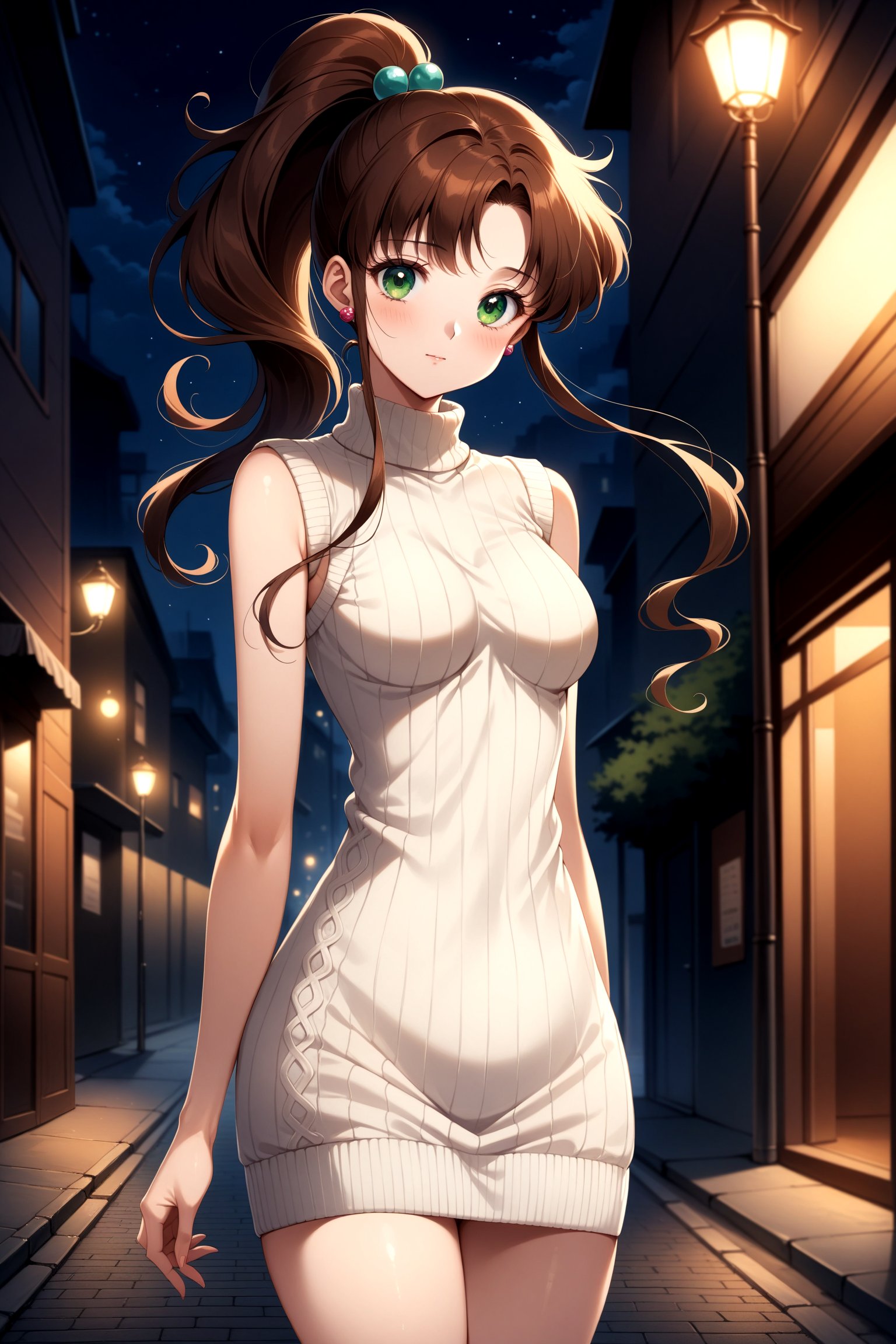 (masterpiece, best quality, very aesthetic, ultra detailed), intricate details, 4k, aajupiter, long hair, ponytail, hair bobbles, green eyes, <lora:sailor_jupiter_XL_v1:0.9>, ribbed sweater, sweater dress, sleeveless, turtleneck, night, street, standing, cowboy shot