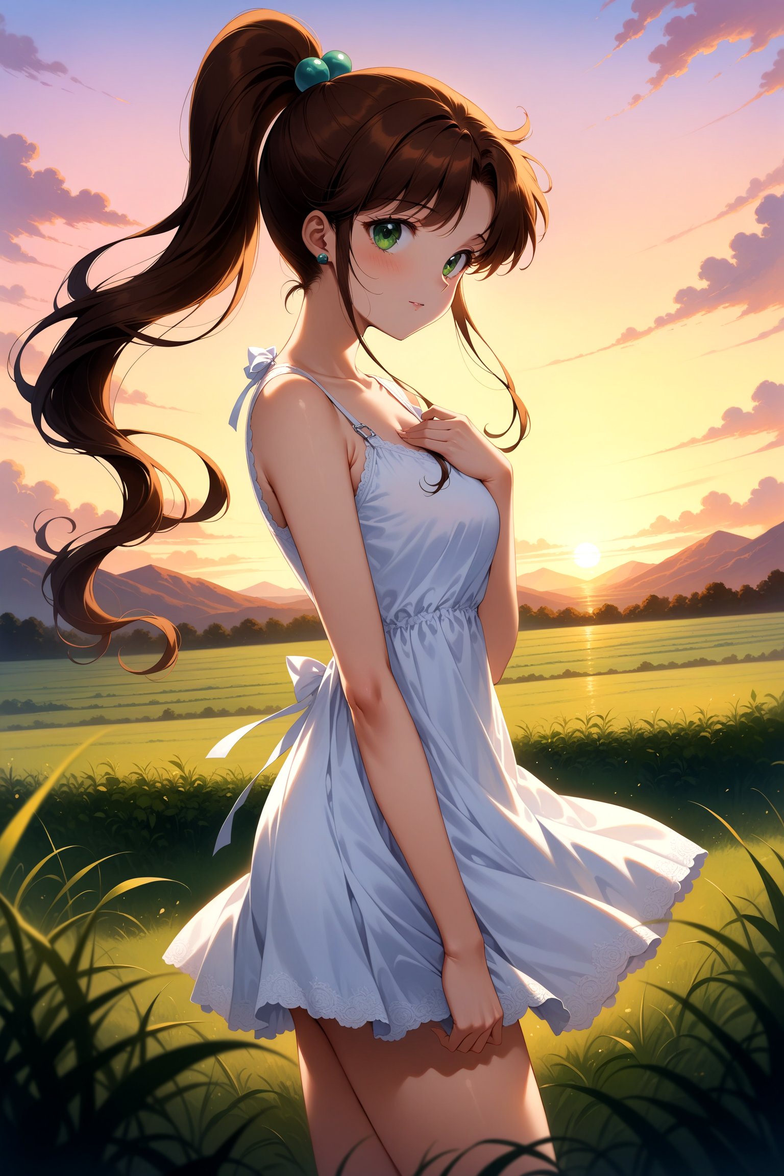 (masterpiece, best quality, very aesthetic, ultra detailed), intricate details, 4k, aajupiter, long hair, ponytail, hair bobbles, green eyes, <lora:sailor_jupiter_XL_v1:0.9>, sundress, sunset, field, standing, hand on own chest, from side