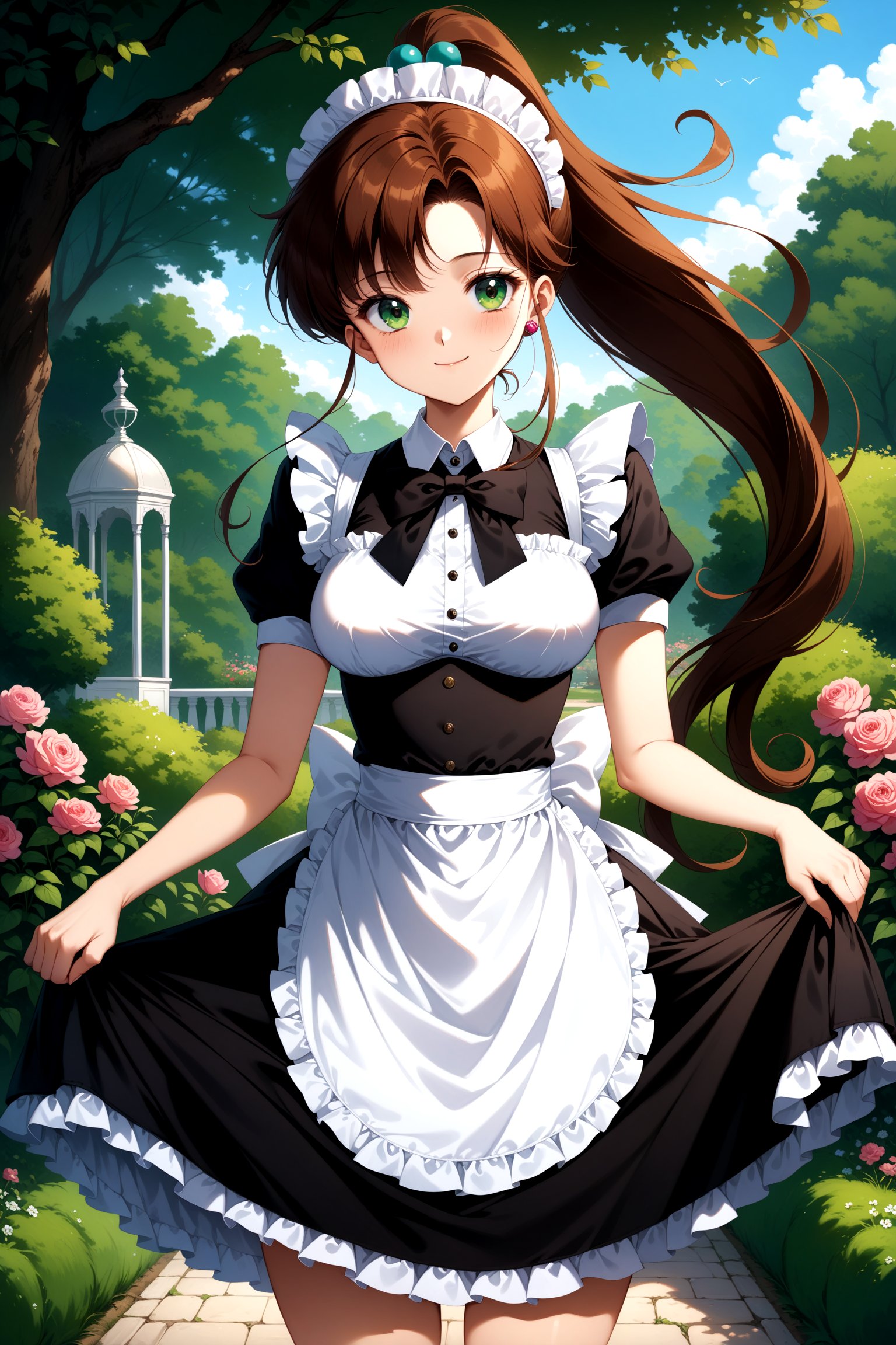 (masterpiece, best quality, very aesthetic, ultra detailed), intricate details, 4k, aajupiter, long hair, ponytail, hair bobbles, green eyes, <lora:sailor_jupiter_XL_v1:0.9>, maid, maid headdress, underbust, smile, garden, skirt hold,