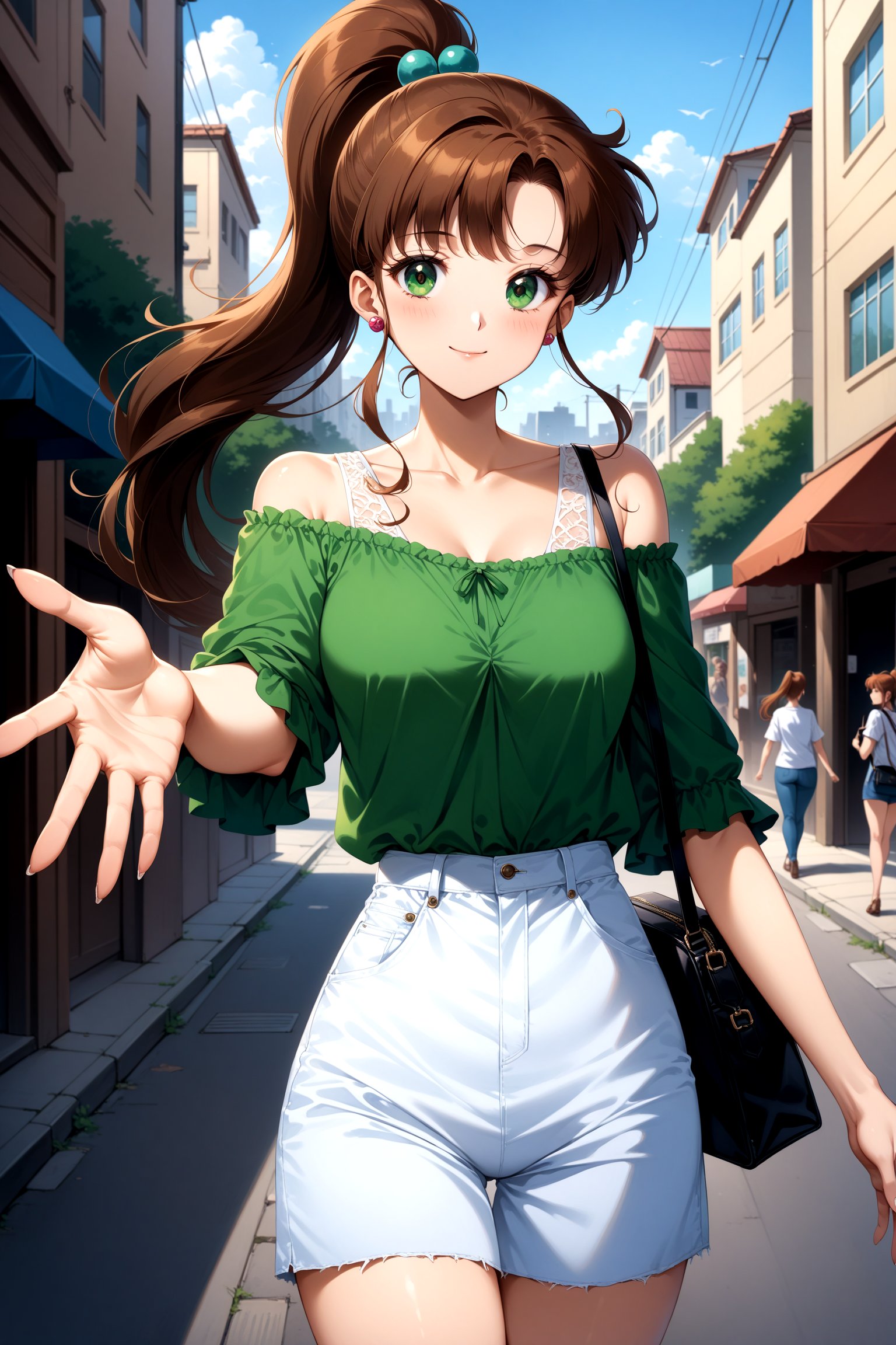 (masterpiece, best quality, very aesthetic, ultra detailed), intricate details, 4k, aajupiter, long hair, ponytail, hair bobbles, green eyes, <lora:sailor_jupiter_XL_v1:0.9>, casual, shoulder bag, off shoulder, street, smile, cowboy shot, reaching out,