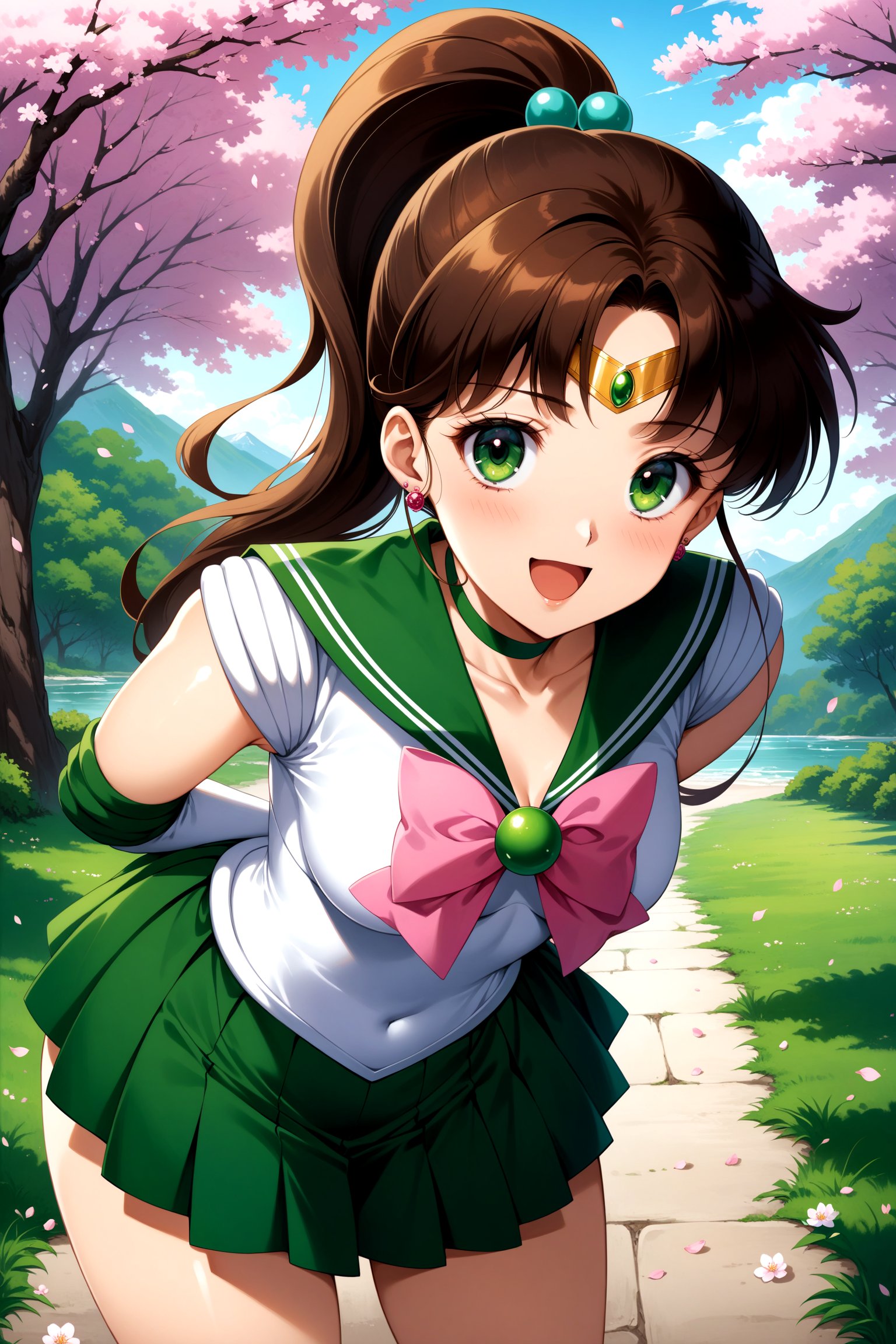 (masterpiece, best quality, very aesthetic, ultra detailed), intricate details, 4k, aajupiter, long hair, ponytail, hair bobbles, tiara, earrings, green eyes, green choker, green sailor collar, pink bowtie, white shirt, white leotard, elbow gloves, white gloves, green skirt, pink bow, <lora:sailor_jupiter_XL_v1:0.9>, smile, open mouth, arms behind back, cherry blossoms, standing, cowboy shot, outdoors, leaning forward, bent over