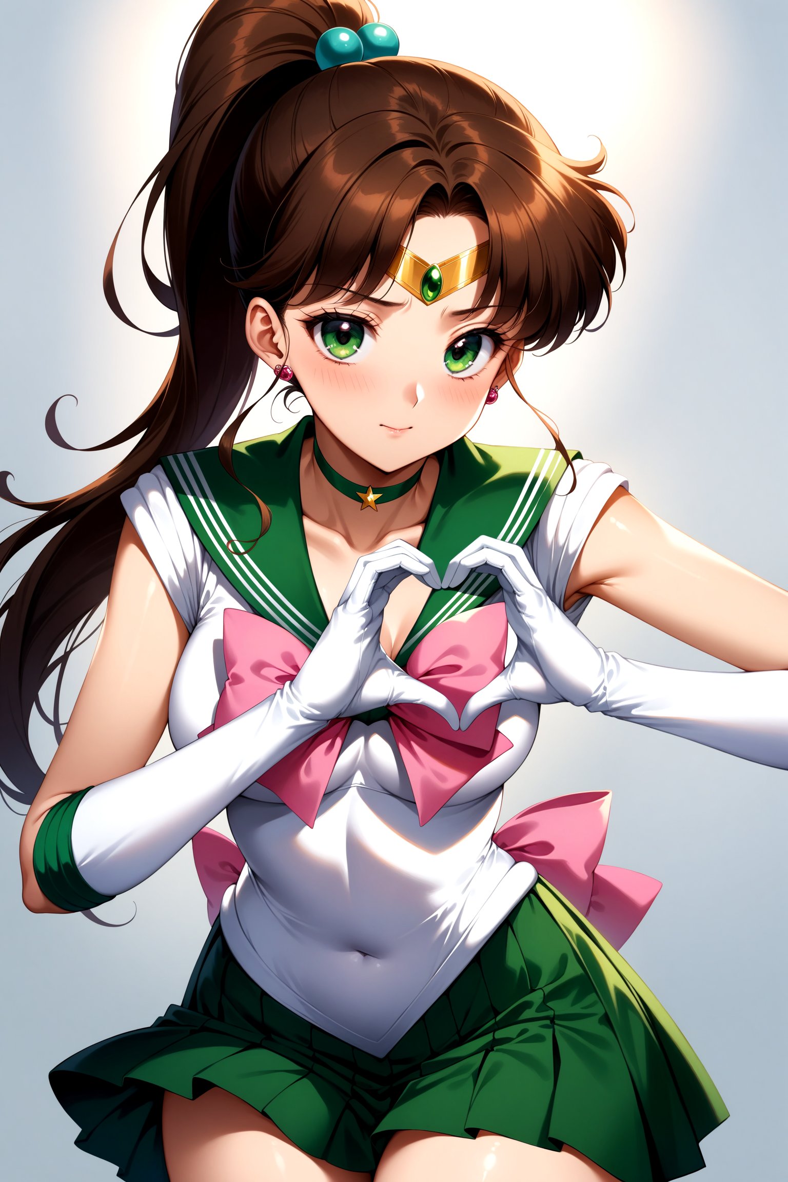 (masterpiece, best quality, very aesthetic, ultra detailed), intricate details, 4k, aajupiter, long hair, ponytail, hair bobbles, tiara, earrings, green eyes, green choker, green sailor collar, pink bowtie, white shirt, white leotard, elbow gloves, white gloves, green skirt, pink bow, <lora:sailor_jupiter_XL_v1:0.9>, heart hands, 