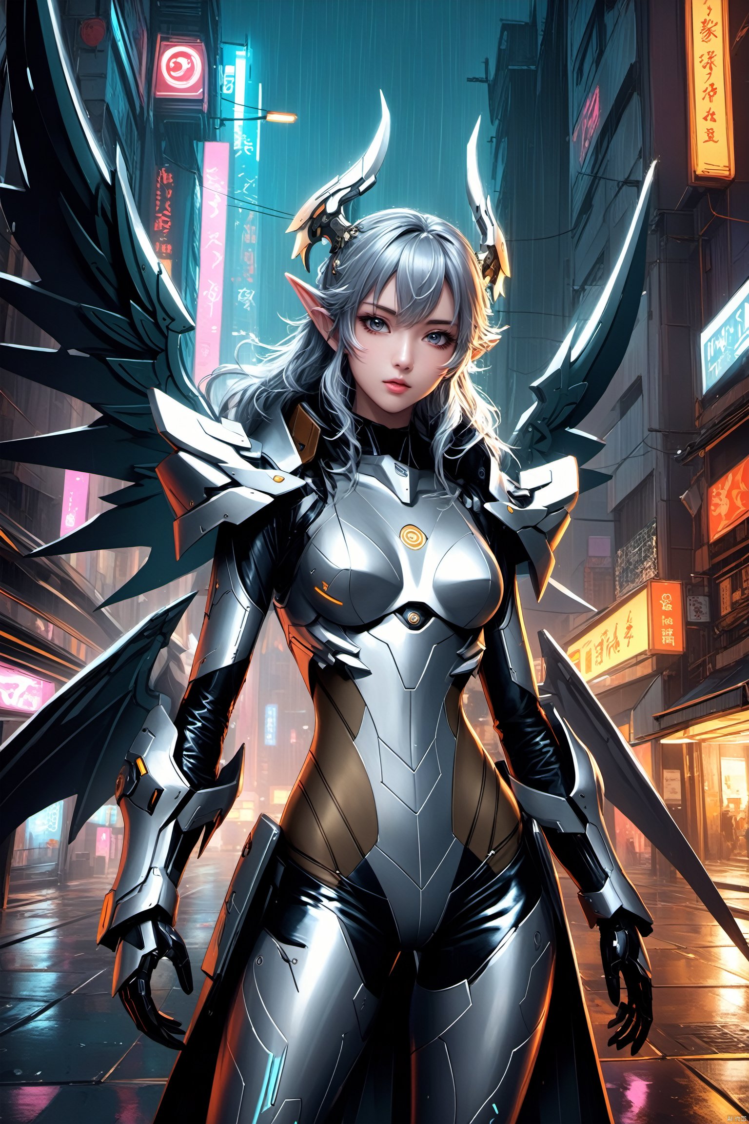  {{master piece}},best quality,illustration,1girl,small breast,beatiful detailed eyes,beatiful detailed cyberpunk city,beatiful detailed hair,wavy hair,beatiful detailed steet,mecha clothes,robot girl,cool movement,sliver bodysuit,{filigree},dargon wings,colorful background,a dragon  stands behind the girl,rainy days,{lightning effect},beatiful detailed sliver dragon arnour,（cold face）, myinv, (\lang lang\), tera kas