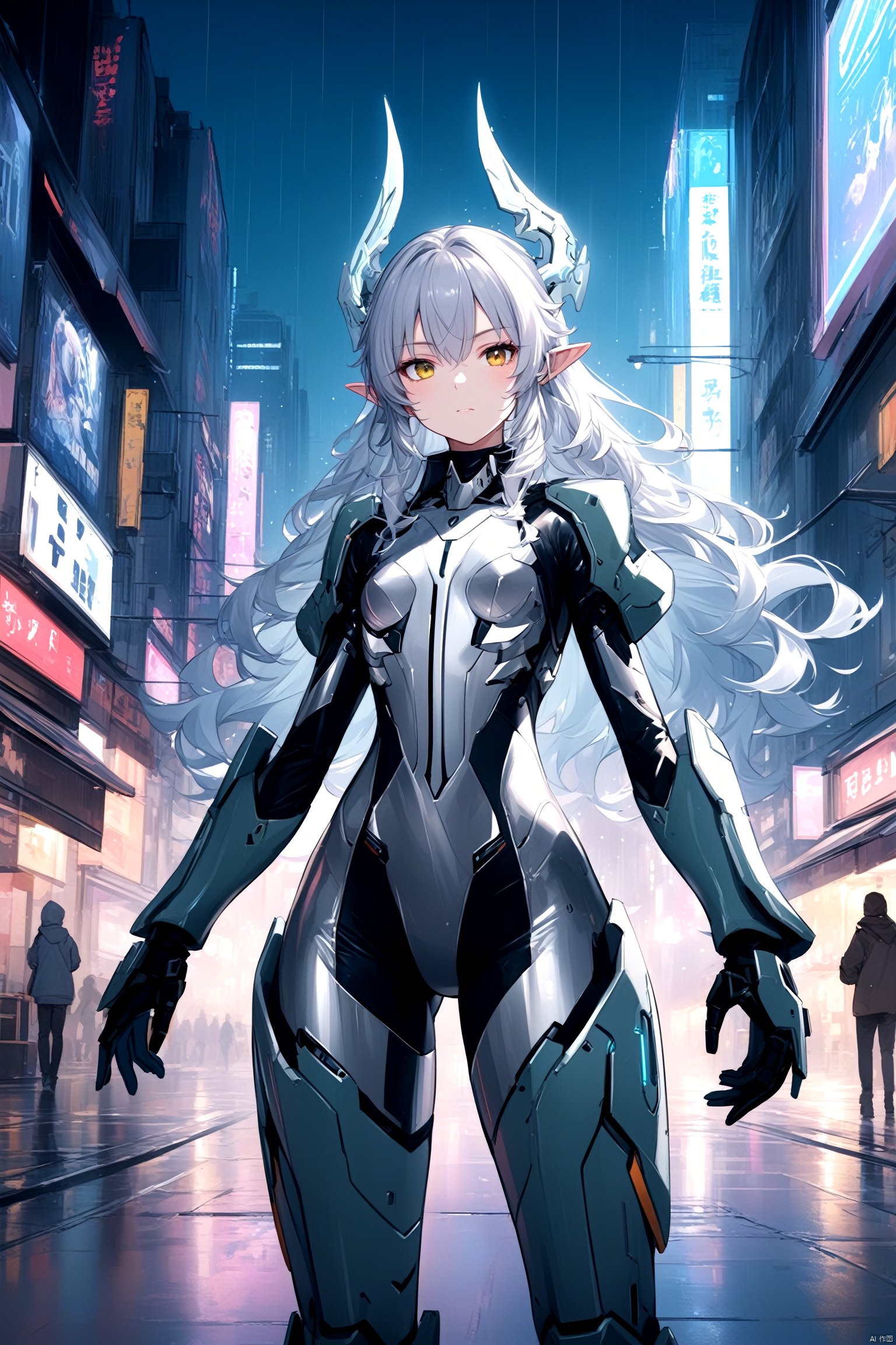  {{master piece}},best quality,illustration,1girl,small breast,beatiful detailed eyes,beatiful detailed cyberpunk city,flat_chest,beatiful detailed hair,wavy hair,beatiful detailed steet,mecha clothes,robot girl,cool movement,sliver bodysuit,{filigree},dargon wings,colorful background,a dragon  stands behind the girl,rainy days,{lightning effect},beatiful detailed sliver dragon arnour,（cold face）, myinv, (\lang lang\),  tera kas