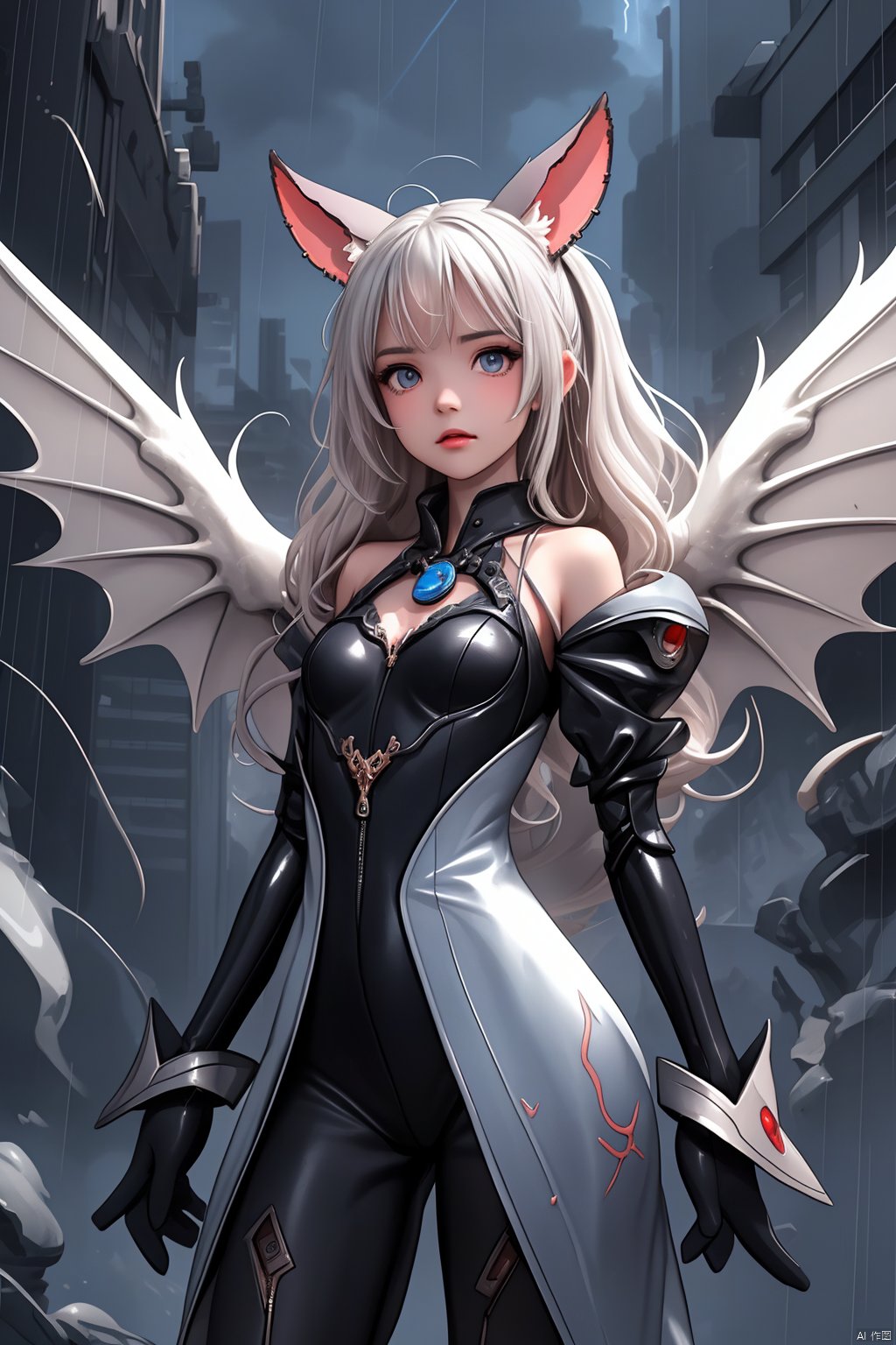  {{master piece}},best quality,illustration,1girl,small breast,beatiful detailed eyes,beatiful detailed cyberpunk city,flat_chest,beatiful detailed hair,wavy hair,beatiful detailed steet,mecha clothes,robot girl,cool movement,sliver bodysuit,{filigree},dargon wings,colorful background,a dragon  stands behind the girl,rainy days,{lightning effect},beatiful detailed sliver dragon arnour,（cold face）, myinv, (\lang lang\),, elin