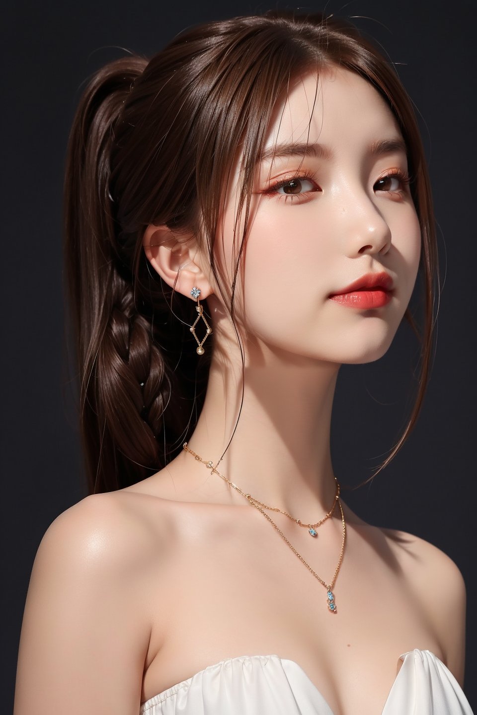 16K, 1girl, solo, long hair, looking at viewer, simple background, smile, closed mouth, brown hair, brown eyes, jewelry, earrings, lips, portrait, reality, braid, makeup, lipstick, bare shoulders, nude, Symmetrical ponytails, necklace, bare shoulders, KKK3