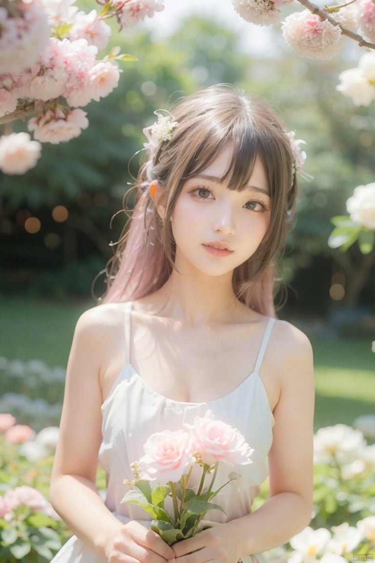  1girl breathtaking 8k, masterpiece, perfect beautiful chinese girl, upper body, vibrant, vivid,  (flowers), chiffon, sheer, light smile, bloom, award-winning, professional, Among colorful flowers garden, houtufeng, lhj, bright light, flower, blurry, pink flower, still life, cherry blossoms, sboe, Anime