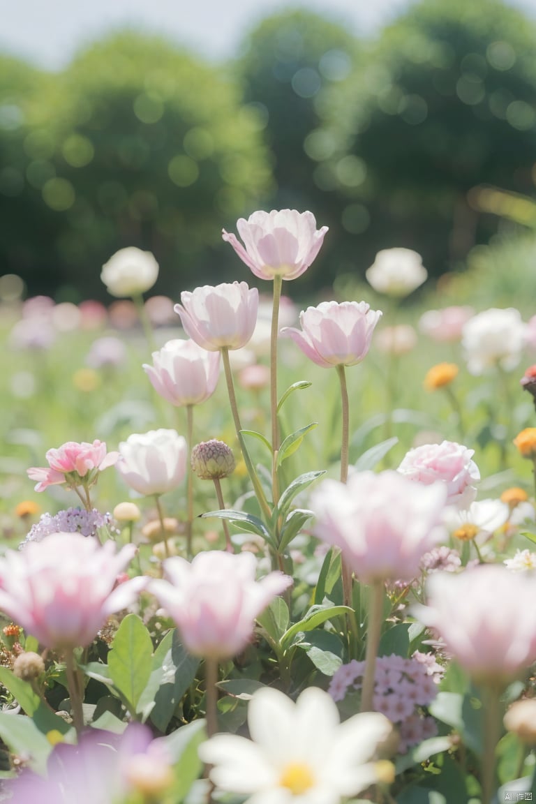 lhj, bright light, flower, no humans, outdoors, purple flower, field, scenery, blurry