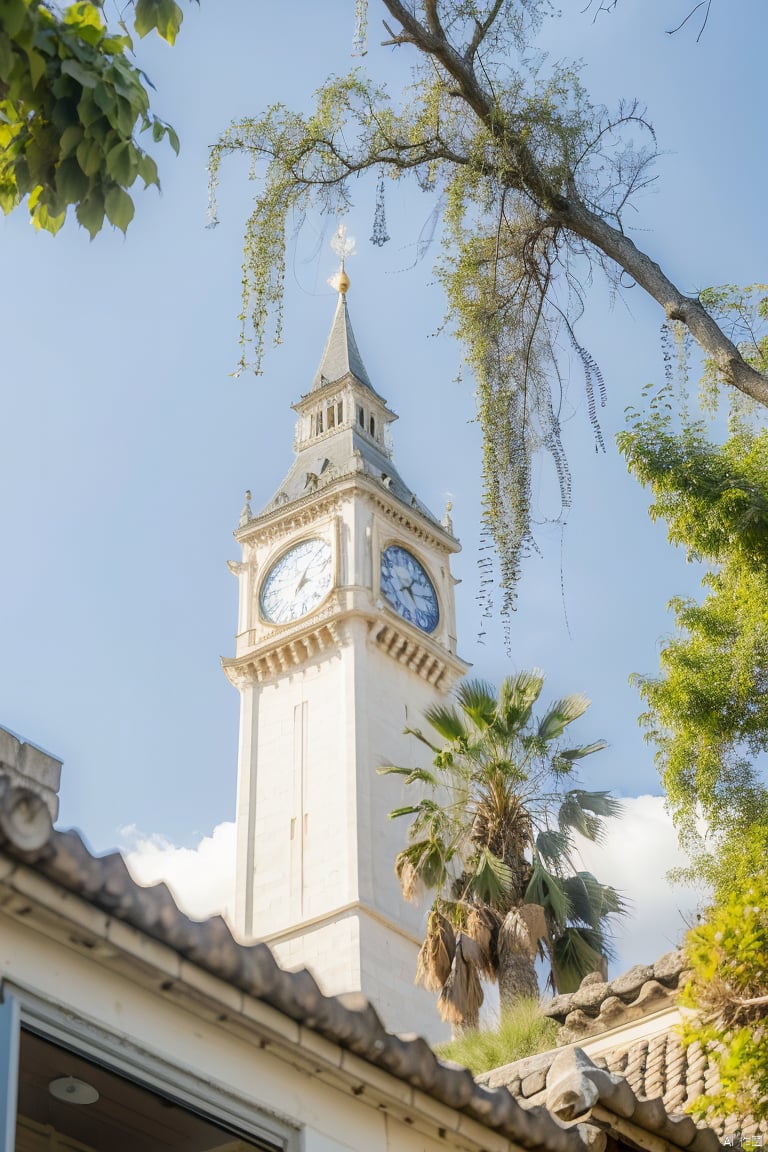 lhj, bright light, no humans, sky, outdoors, scenery, flower, day, cloud, blue sky, tree, clock, blurry, tower