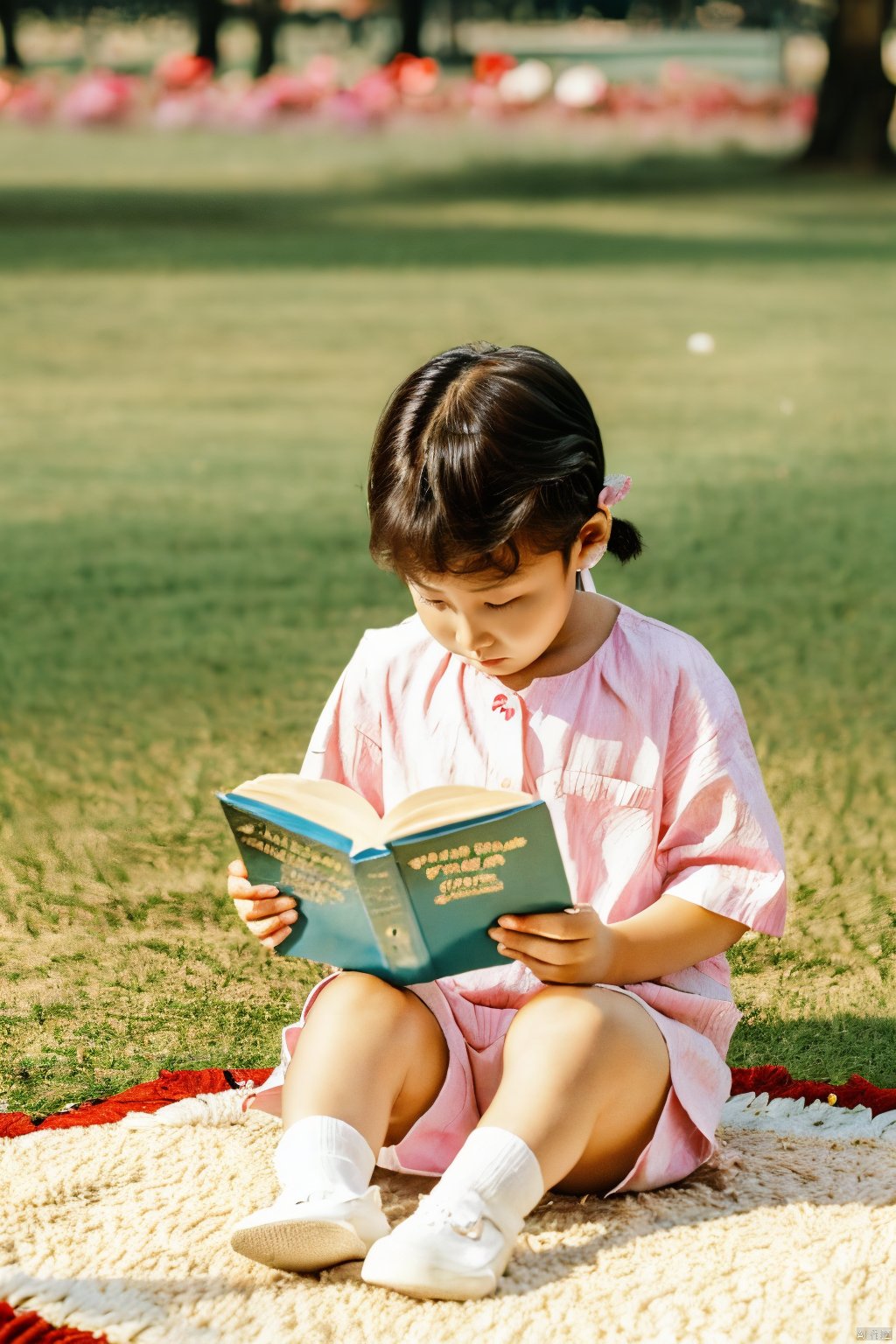  masterpiece, panorama,a girls, solo focus, short hair, casual clothes, earings, sitting on ground, outside, reading a book, spring park, deep of field, children around, modern style, fruits, stuffed toys, ((carpet)) , beautiful flowers around her,Petals fluttered down from the sky, spring,30710, cozy animation scenes, dundar, Asian girl, poakl ggll girl, ((poakl)), zjy,

lhj, bright light, flower,  still life, pink flower, outdoors, tulip