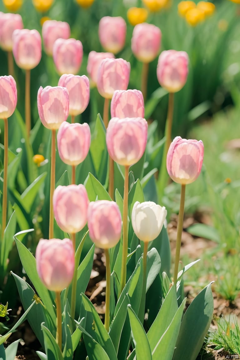 lhj, bright light, no humans, flower, outdoors, tulip, scenery, grass, yellow flower, purple flower, traditional media, pink flower, nature, day, still life, field