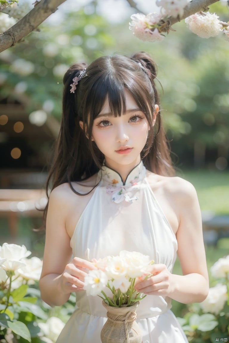  1girl breathtaking 8k, masterpiece, perfect beautiful chinese girl, upper body, vibrant, vivid, (flowers), chiffon, sheer, light smile, bloom, award-winning, professional, Among colorful flowers garden, houtufeng, lhj, bright light, flower, blurry, pink flower, still life, cherry blossoms, sboe, Anime