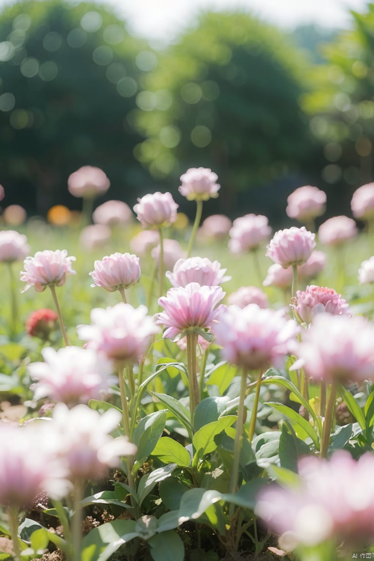 lhj, bright light, flower, no humans, outdoors, purple flower, field, scenery, blurry