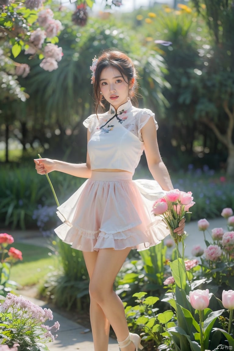  1girl breathtaking 8k, masterpiece, perfect beautiful chinese girl, Facial close-up , vibrant, vivid, (short skirt), petticoat, (flowers), chiffon, sheer, light smile, bloom, award-winning, professional, Among colorful flowers garden, houtufeng, lhj, bright light, flower, still life, pink flower, outdoors, tulip