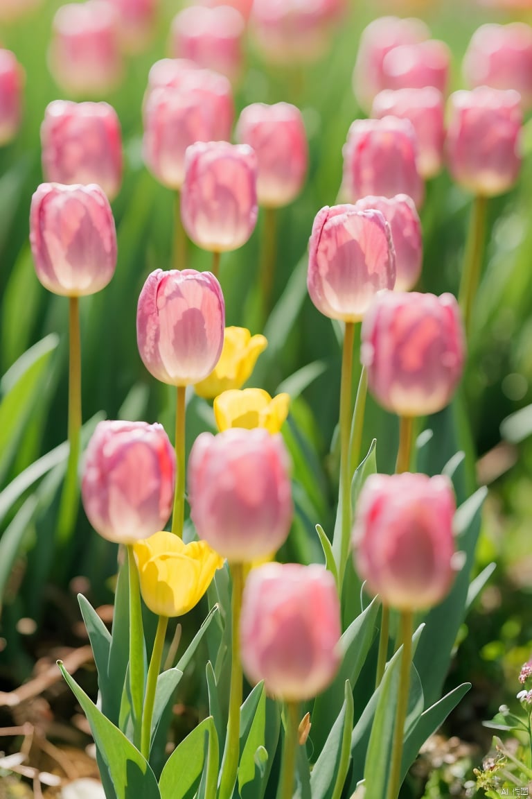 lhj, bright light, no humans, flower, outdoors, tulip, scenery, grass, yellow flower, purple flower, traditional media, pink flower, nature, day, still life, field