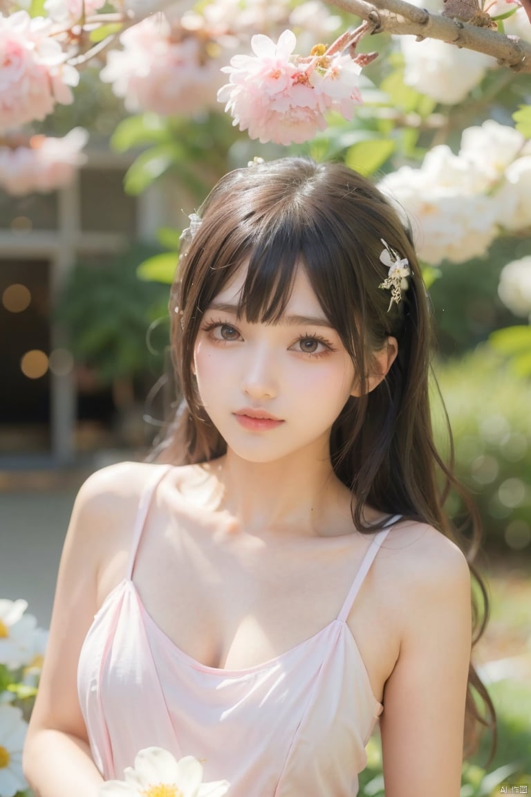  1girl breathtaking 8k, masterpiece, perfect beautiful chinese girl, upper body, vibrant, vivid, (flowers), chiffon, sheer, light smile, bloom, award-winning, professional, Among colorful flowers garden, houtufeng, lhj, bright light, flower, blurry, pink flower, still life, cherry blossoms, sboe, Anime