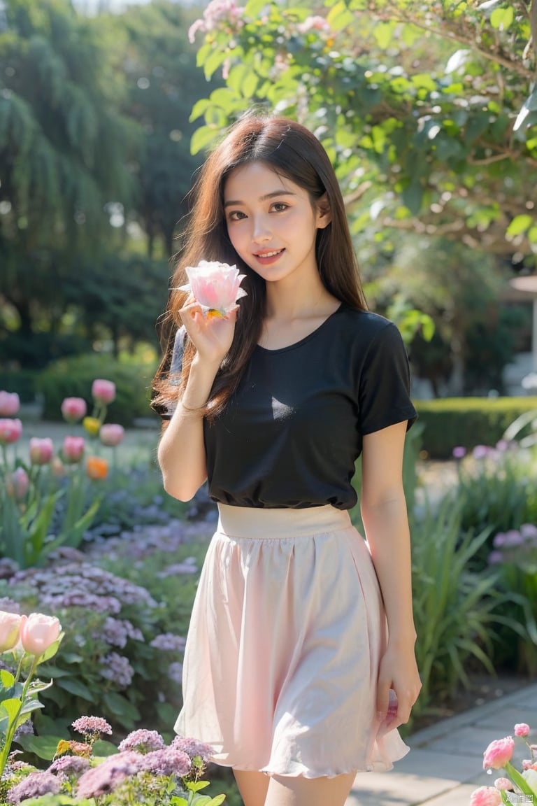  1girl breathtaking 8k, masterpiece, perfect beautiful chinese girl, upper body, vibrant, vivid, (short skirt), petticoat, (flowers), chiffon, sheer, light smile, bloom, award-winning, professional, Among colorful flowers garden, houtufeng, lhj, bright light, flower, still life, pink flower, outdoors, tulip