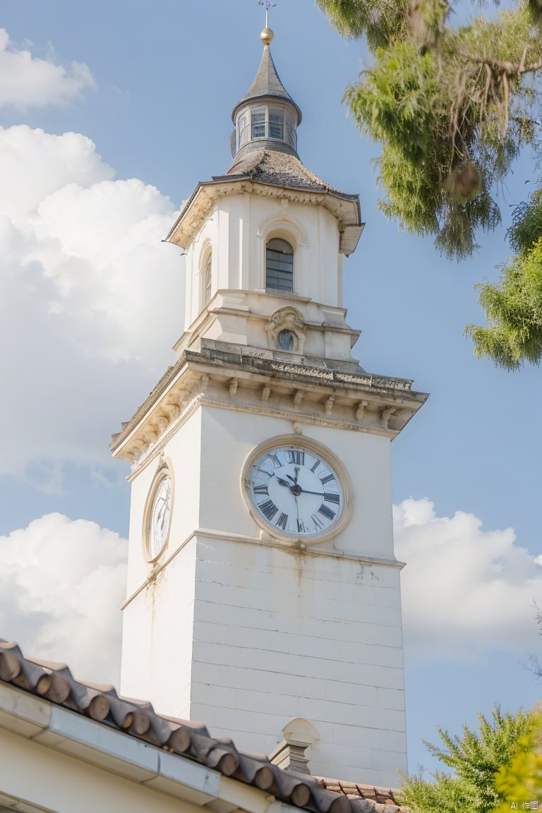 lhj, bright light, no humans, sky, outdoors, scenery, flower, day, cloud, blue sky, tree, clock, blurry, tower