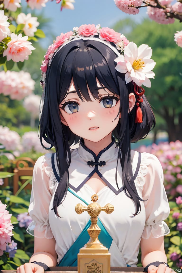  1girl breathtaking 8k, masterpiece, perfect beautiful chinese girl, upper body, vibrant, vivid,  (flowers), chiffon, sheer, light smile, bloom, award-winning, professional, Among colorful flowers garden, houtufeng, lhj, bright light, flower, blurry, pink flower, still life, cherry blossoms, sboe, Anime