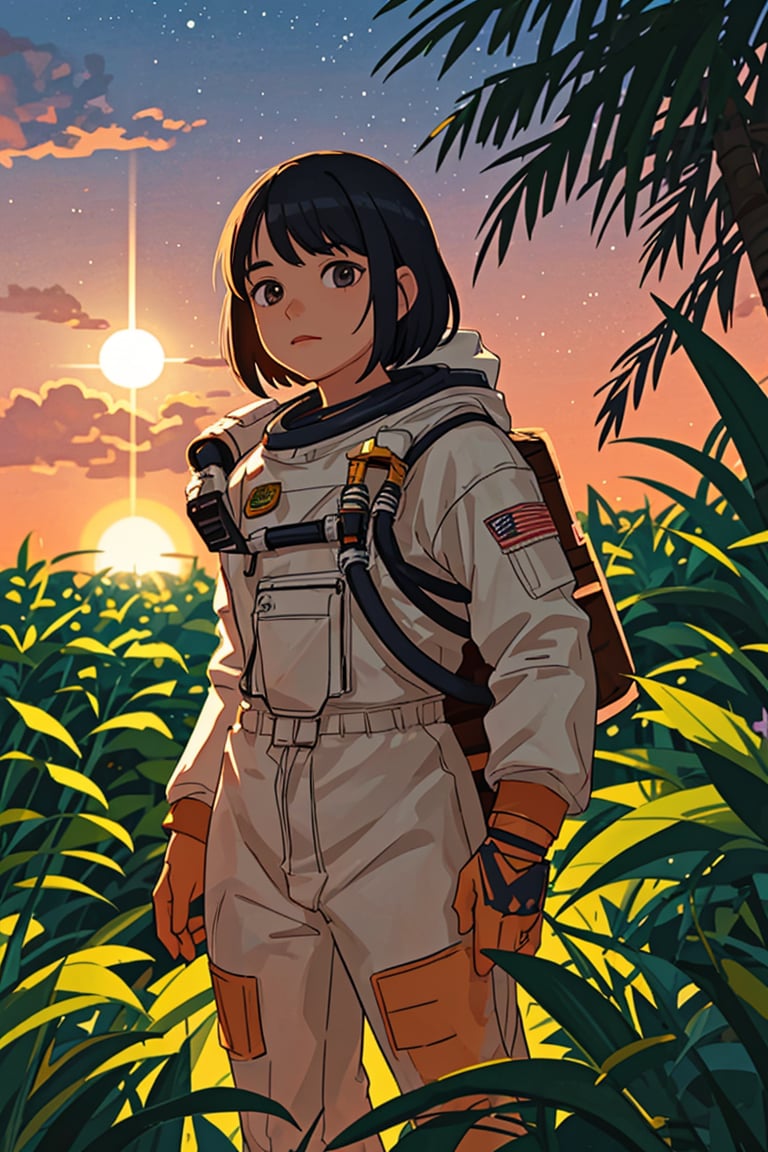 An astronaut in an orange astronaut outfit, standing against a sunset background. The astronaut is positioned front facing and is shown from the waist up. The sunset provides a warm and vibrant color palette. The scene is surrounded by lush plants, adding a touch of nature to the composition. The image quality is top-notch and high-resolution, with ultra-detailed features. The style of the artwork is realistic, with vivid colors and professional craftsmanship. The lighting accentuates the astronaut's figure, creating a captivating atmosphere