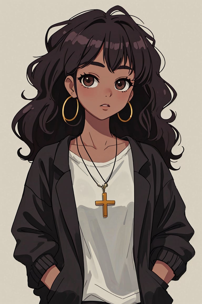 (best quality, 4k, 8k, highres, masterpiece:1.5), ultra-detailed,anime, 1girl,solo,long hair,looking at viewer,black hair,brown eyes,jewelry,upper body,earrings,dark skin,necklace,sweater,dark-skinned female,lips,cross,curly hair,hoop earrings,hands in pockets,black sweater,cross necklace,big hair,very dark skin,fashion