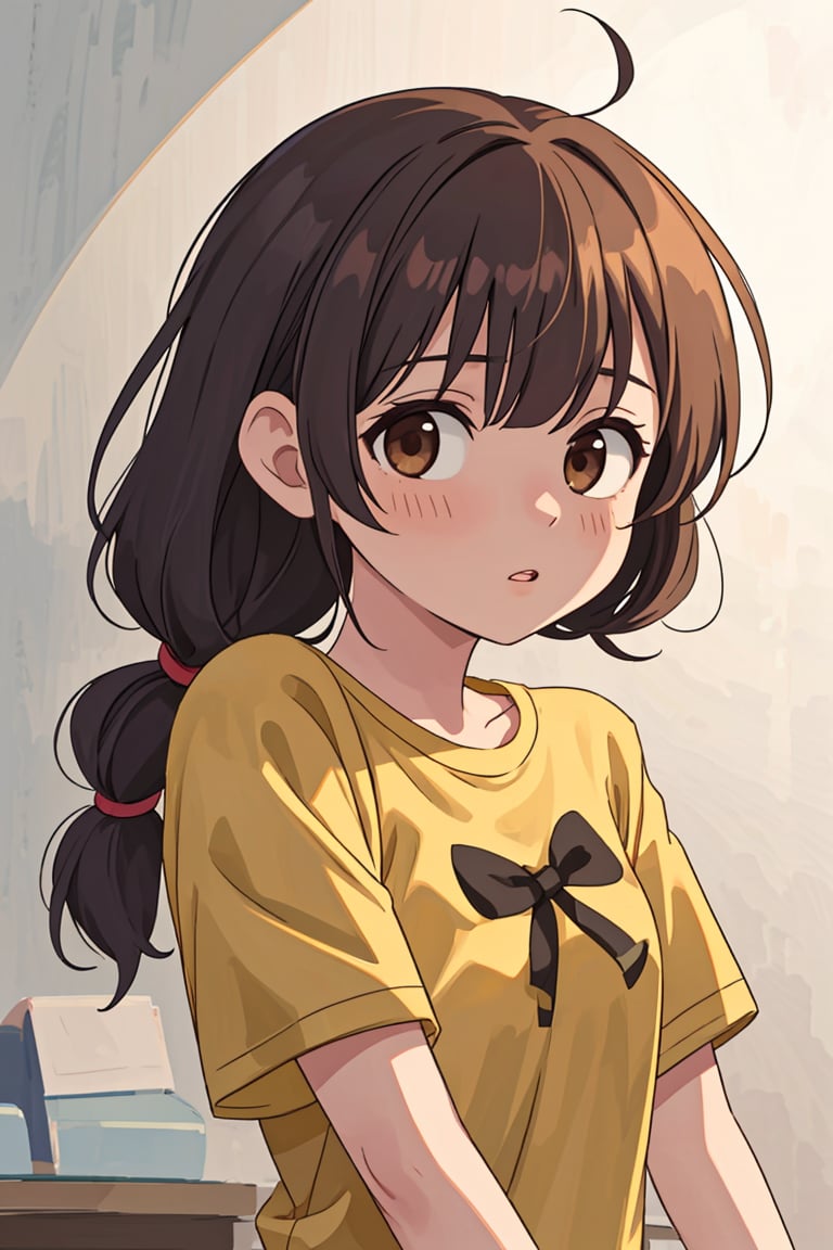 (best quality, 4k, 8k, highres, masterpiece:1.5), ultra-detailed,anime, 1girl,solo,long hair,looking at viewer,blush,bangs,shirt,bow,twintails,brown eyes,very long hair,upper body,braid,ahoge,short sleeves,hair bow,grey hair,parted lips,twin braids,low twintails,t-shirt,yellow shirt,hisakawa nagi