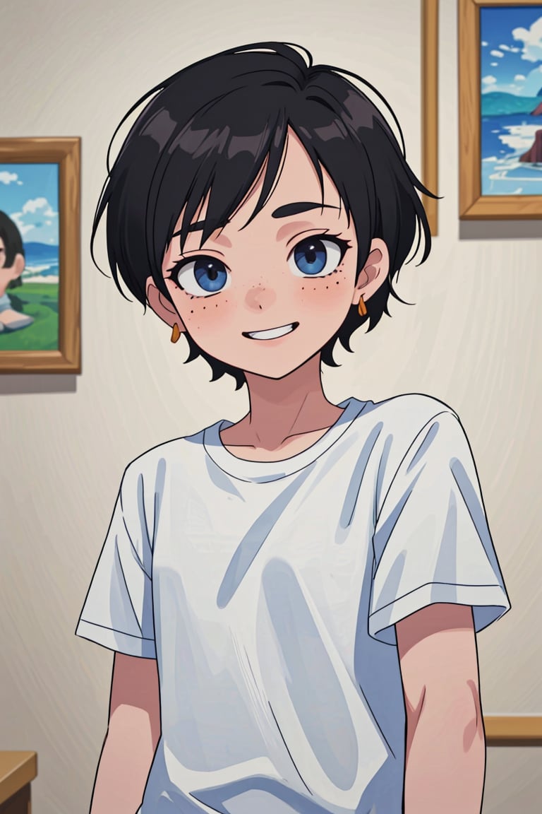 (best quality, 4k, 8k, highres, masterpiece:1.5), ultra-detailed,anime, solo,looking at viewer,blush,smile,short hair,blue eyes,shirt,black hair,1boy,jewelry,white shirt,upper body,short sleeves,male focus,earrings,teeth,mole,grin,mole under eye,t-shirt,freckles