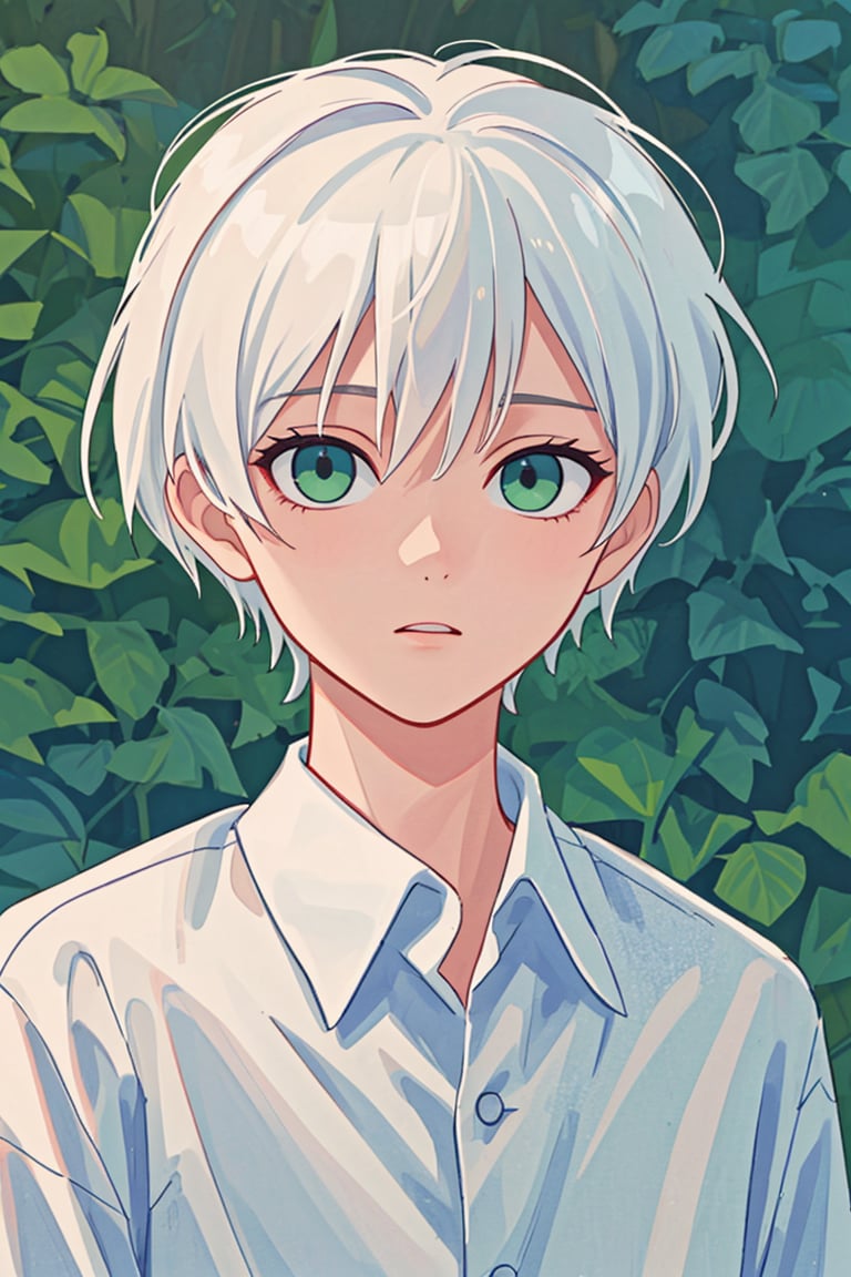 (best quality, 4k, 8k, highres, masterpiece:1.5), ultra-detailed, solo,looking at viewer,short hair,shirt,1boy,green eyes,white shirt,upper body,white hair,male focus,collared shirt,portrait