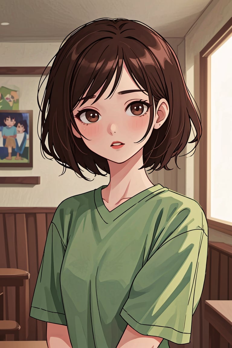 (best quality, 4k, 8k, highres, masterpiece:1.5), ultra-detailed,anime, 1girl,solo,looking at viewer,blush,short hair,brown hair,shirt,brown eyes,upper body,parted lips,indoors,medium hair,lips,makeup,lipstick,portrait,green shirt,red lips