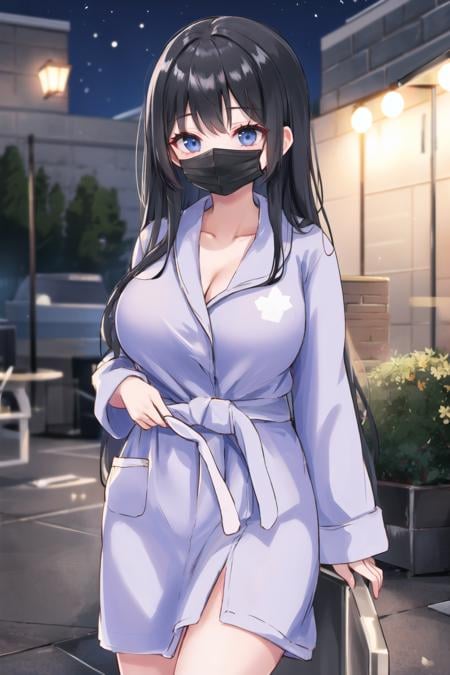 <lora:shortbath:0.6>, short bathrobe, mask, black hair, long hair, outdoors, night, large breasts