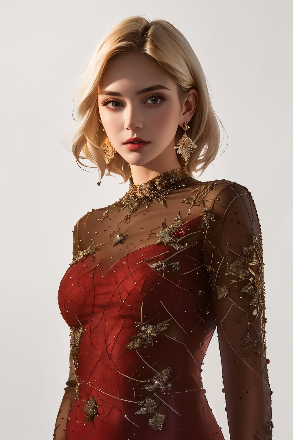 masterpiece,clothing photography,1girl,blonde,(white_skin:1.2),(medium breasts:1.2),high-class clothing,dress,(red dress:1.3),((the ultimate dress detail)),looking at viewer,long sleeves,standing,earrings,(portrait:1.2),white_background,<lora:lbc_black_dress_240330_v1.0-000010:0.8>,